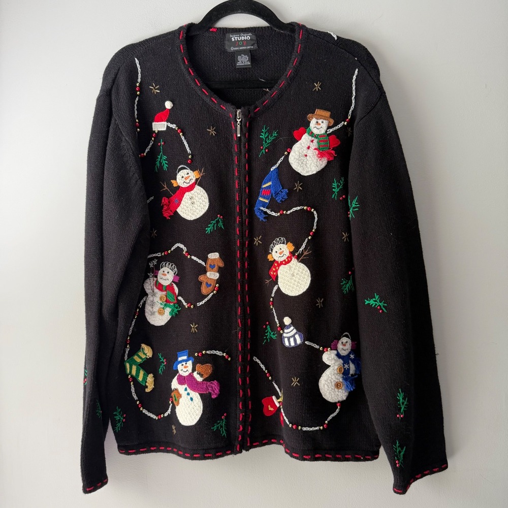 Designers Originals Studio Cardigan Womens XL Black NEW Snowman Holiday Zip Up